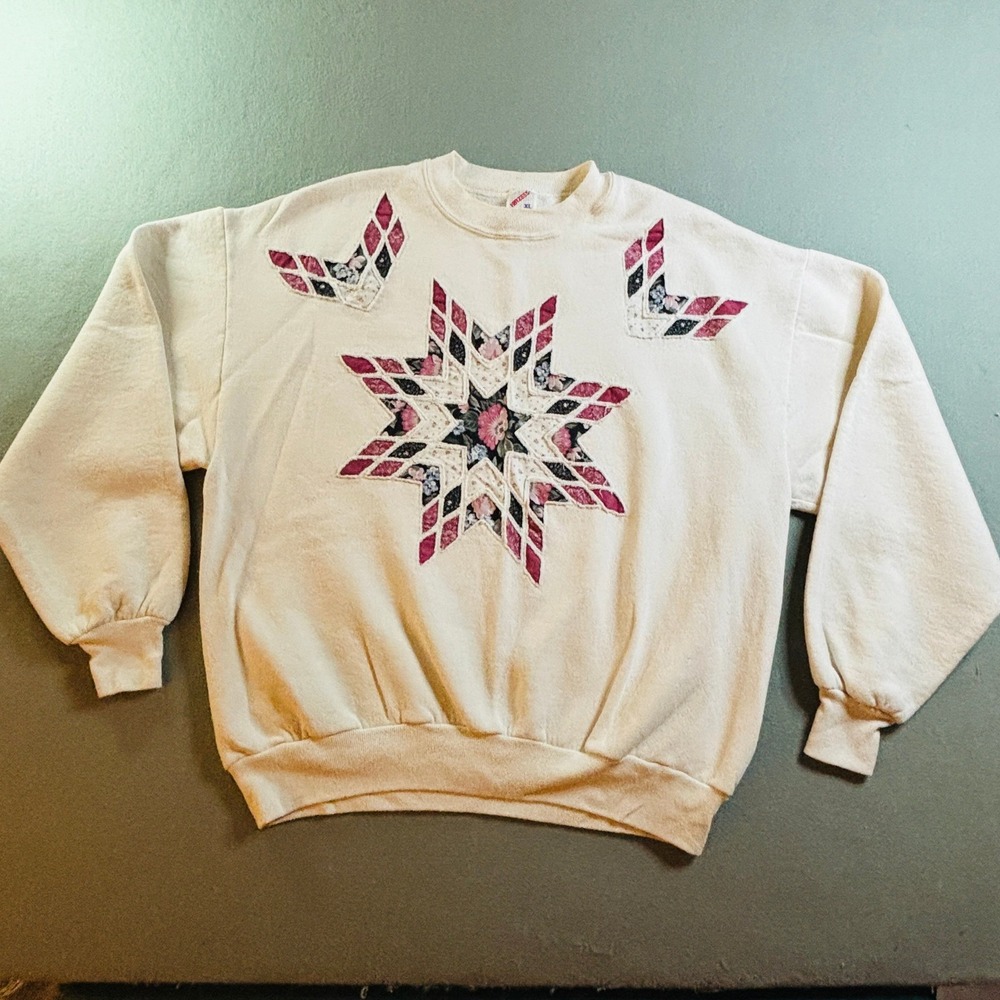 VTG Jerzees Womens XL Quilted Star Patchwork Sweatshirt Floral Grannycore Y2K - Picture 2 of 9